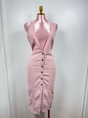 Sienna Sky Pink Midi Dress Deep V  Open Back Cross Strap Bodycon Size Xs